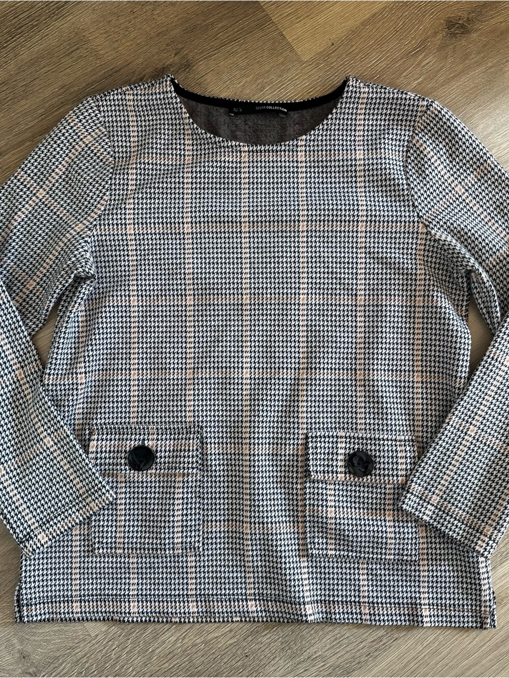 Sfera Collection Houndstooth Plaid Long Sleeve Pocket Top Blouse Size Large